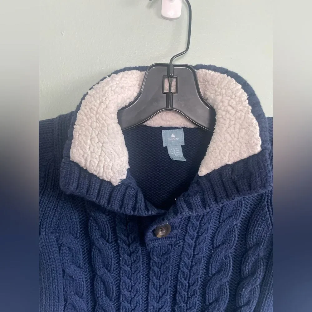 Baby Gap Navy Cable Knit Sweater with Cream Sherpa Collar Elbow Patches Sz 3T